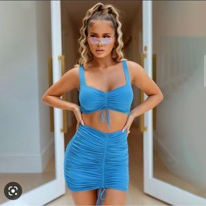 Ruched electric blue top and skirt set
